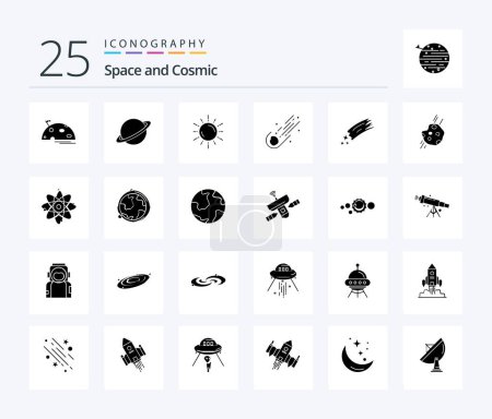 Ilustración de Space 25 Solid Glyph icon pack including molecule. atom. astronomy. comet. meteor - Imagen libre de derechos