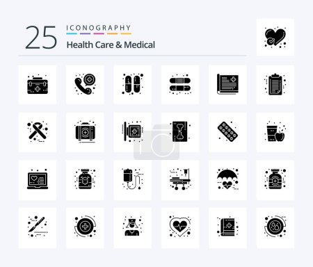 Téléchargez les illustrations : Soins de santé et médical 25 Solid Glyph icône pack y compris l'histoire. traitement. téléphone. bandage. aides - en licence libre de droit