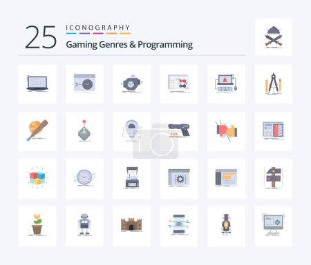 Téléchargez les illustrations : Gaming Genres And Programming 25 Flat Color icon pack including strategy. game. software. performance. machine - en licence libre de droit