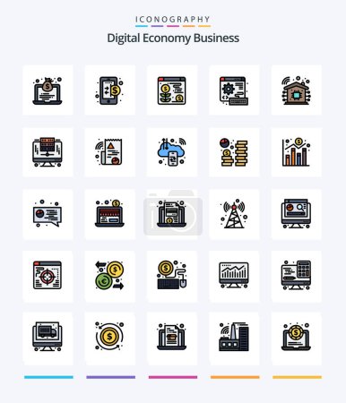 Illustration for Creative Digital Economy Business 25 Line FIlled icon pack  Such As technology. intelligent. web. gear. web - Royalty Free Image