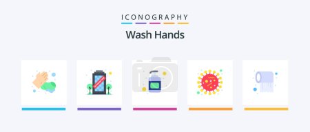 Téléchargez les illustrations : Wash Hands Flat Pack de 5 icônes y compris rouleau. bactéries. lotion. virus. coronavirus. Icônes créatives Design - en licence libre de droit