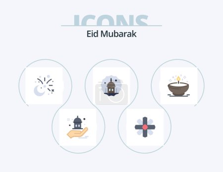 Téléchargez les illustrations : Eid Moubarak Flat Icon Pack 5 Icon Design. Priez. musulman. lune. masjid. feux d'artifice - en licence libre de droit