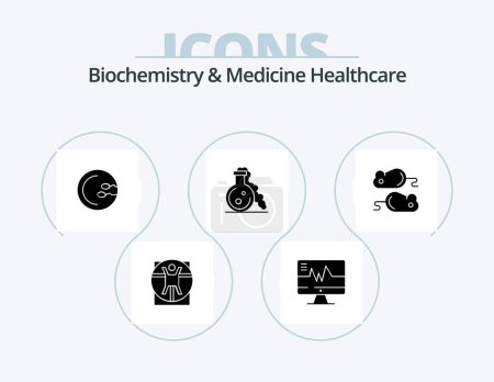 Téléchargez les illustrations : Biochimie et médecine Soins de santé Glyphe Icône Pack 5 Icône Design. testant. médical. processus. test. fiole - en licence libre de droit