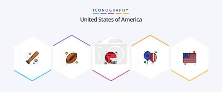 Téléchargez les illustrations : Pack d'icônes FilledLine Usa 25 avec jour. Des ballons. balle américaine. unis. sport - en licence libre de droit
