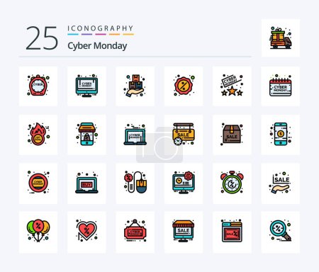 Téléchargez les illustrations : Cyber Monday 25 Line Pack d'icônes rempli incluant lundi. cyber. paquet. vente. signe - en licence libre de droit