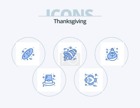 Ilustración de Acción de Gracias Blue Icon Pack 5 Icon Design. pavo. vacaciones. pan. Acción de Gracias. cornucopia - Imagen libre de derechos