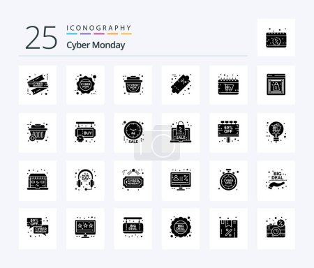 Ilustración de Cyber Monday 25 Solid Glyph icon pack including cyber. calendar. basket. percent. price - Imagen libre de derechos