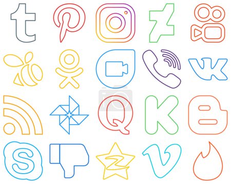 Illustration for 20 Elegant Colourful Outline Social Media Icons such as quora. feed. odnoklassniki and rss Clean and professional - Royalty Free Image