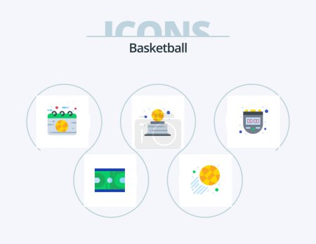 Téléchargez les illustrations : Basketball Flat Icon Pack 5 Icône Design. chronomètre. trophée. calendrier. le sport. sport - en licence libre de droit