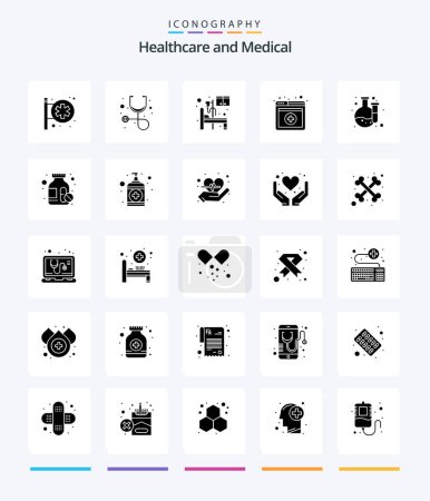 Téléchargez les illustrations : Pack d'icônes Creative Medical 25 Glyph Solid Black telles que les médicaments. laboratoire. hôpital. chimique. en ligne - en licence libre de droit