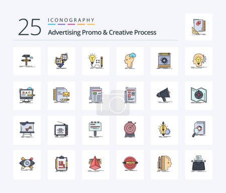Ilustración de Promoción publicitaria y proceso creativo 25 línea llena paquete de iconos, incluyendo creativo. colocación. bombilla. clave - Imagen libre de derechos