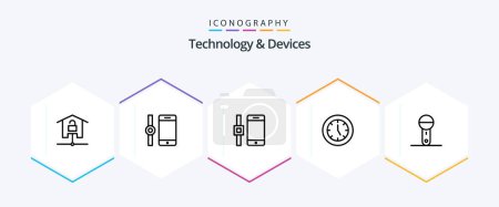 Illustration for Devices 25 Line icon pack including technology. microphone. clock. electronics. technology - Royalty Free Image
