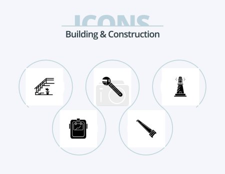 Téléchargez les illustrations : Building And Construction Glyph Icon Pack 5 Icon Design. tool. wrench. construction. home. floor - en licence libre de droit