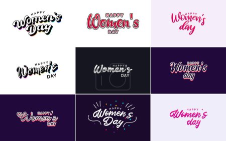Illustration for Happy Woman's Day handwritten lettering set for use in greeting or invitation cards. festive tags. and posters modern calligraphy collection on white background - Royalty Free Image