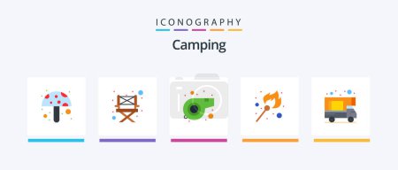 Téléchargez les illustrations : Camping Flat 5 Icon Pack Inclus. Une gribouille. sifflez. caravane. Bâton. Icônes créatives Design - en licence libre de droit