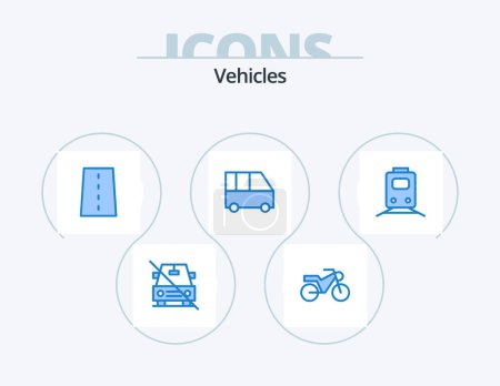 Ilustración de Vehículos Blue Icon Pack 5 Icon Design. ferrocarril. van de pasajeros. infraestructura. minibús. furgoneta - Imagen libre de derechos