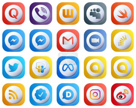 Illustration for 20 Cute 3D Gradient High Resolution Social Media Icons such as video. messenger. zoom and email icons. High-Quality and Stylish - Royalty Free Image