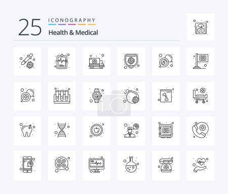 Téléchargez les illustrations : Health And Medical 25 Line icon pack including medical. virus. ambulance. disease. protection - en licence libre de droit