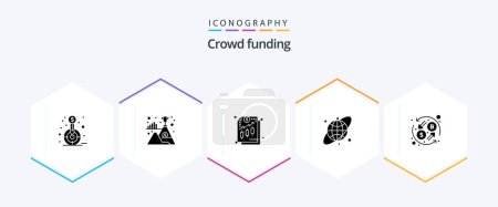 Téléchargez les illustrations : Crowdfunding 25 Glyph icon pack including currency exchange. earth globe. winner. circular grid. money - en licence libre de droit