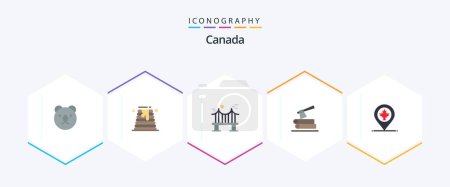 Téléchargez les illustrations : Pack d'icônes plates Canada 25 incluant l'emplacement. du bois. pont. bois. hache - en licence libre de droit