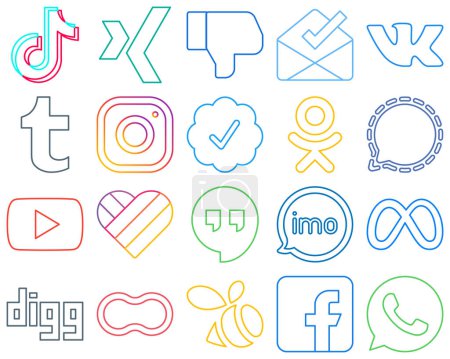 Illustration for 20 Stylish and elegant Colourful Outline Social Media Icons such as mesenger. odnoklassniki. inbox. twitter verified badge and meta High-resolution and versatile - Royalty Free Image