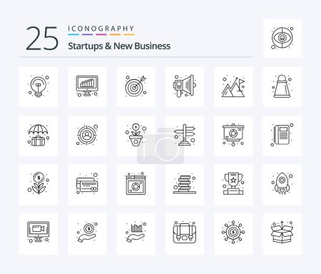 Ilustración de Startups And New Business 25 Line icon pack including path. mountain. goal. flag. speaker - Imagen libre de derechos
