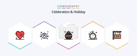 Téléchargez les illustrations : Pack icône Celebration and Holiday 25 FilledLine avec anneau. événement. Voyage. célébration. vacances - en licence libre de droit