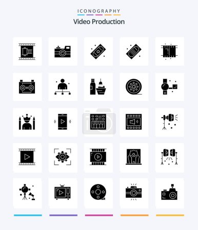 Ilustración de Creative Video Production 25 Glyph Solid Black icon pack  Such As video. film. retro camera. tickets. movie tickets - Imagen libre de derechos