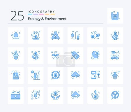 Téléchargez les illustrations : Ecologie et environnement Pack icône 25 Blue Color comprenant des feuilles. énergie hydraulique. eco. powerplug. industrie - en licence libre de droit