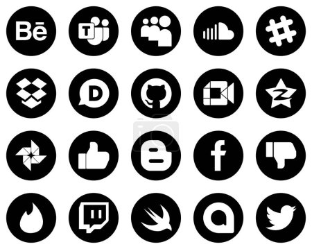 Ilustración de 20 Elegantes iconos de las redes sociales blancas en el fondo negro, como la foto de Google. Diez centavos. dropbox. qzone y los iconos de vídeo. Atractivo y editable - Imagen libre de derechos