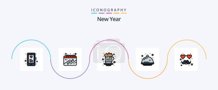 Téléchargez les illustrations : New Year Line Filled Flat 5 Icon Pack Including heart. party. coffee. tray. cover - en licence libre de droit