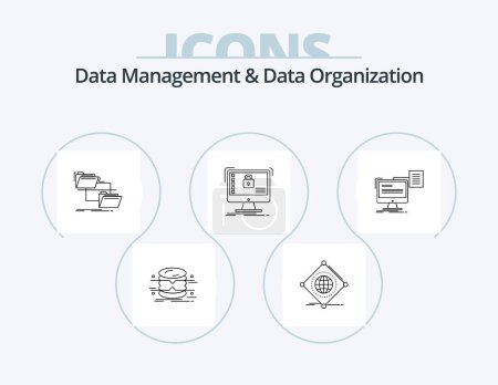 Téléchargez les illustrations : Data Management And Data Organization Line Icon Pack 5 Icon Design. network. data. install. service. repair - en licence libre de droit