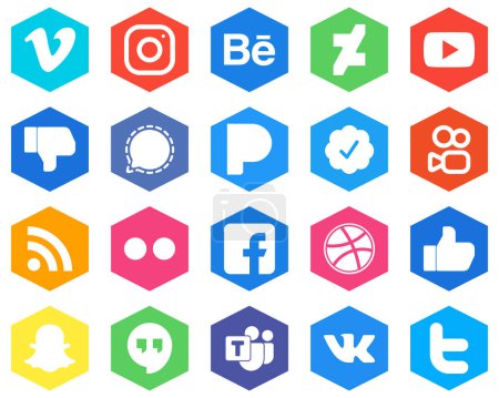 Illustration for Hexagon Flat Color White Icon Set rss. twitter verified badge. video. pandora and mesenger 20 Unique Icons - Royalty Free Image