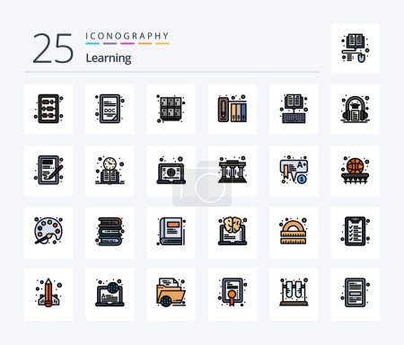 Téléchargez les illustrations : Learning 25 Line Filled icon pack including book. history. learning. files. data - en licence libre de droit