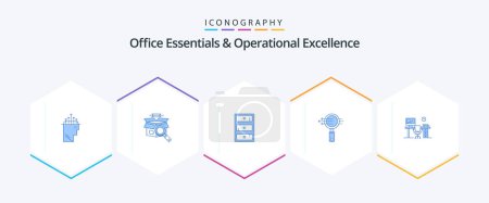 Illustration for Office Essentials And Operational Exellence 25 Blue icon pack including space. zoom. safe. e search. search - Royalty Free Image