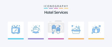Téléchargez les illustrations : Hotel Services Blue 5 Icon Pack Including spa bath. soap. slippers. hotel. hotel. Creative Icons Design - en licence libre de droit
