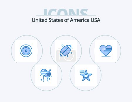 Illustration for Usa Blue Icon Pack 5 Icon Design. american. heart. american. usa. footbal - Royalty Free Image