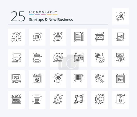 Téléchargez les illustrations : Startups And New Business 25 Line icon pack including banknote. project. insurance. planning. production - en licence libre de droit