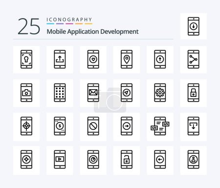 Téléchargez les illustrations : Mobile Application Development 25 Line icon pack including location. mobile. upload. application. like - en licence libre de droit