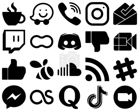Ilustración de 20 Attractive Black Solid Social Media Icons such as text. discord. meta. women and peanut icons. Modern and professional - Imagen libre de derechos