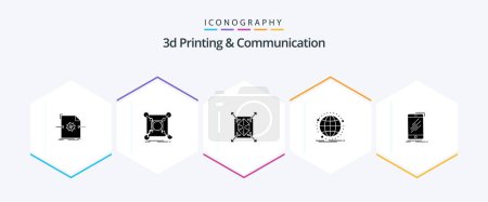Illustration for 3d Printing And Communication 25 Glyph icon pack including network. global. data. data. rapid - Royalty Free Image