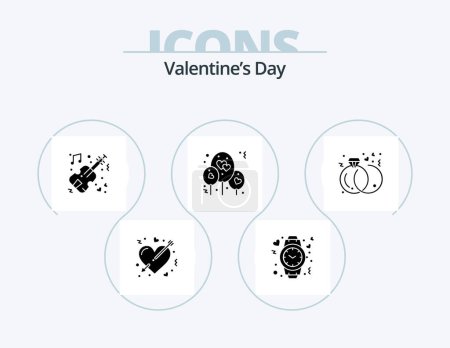 Téléchargez les illustrations : Valentines Day Glyph Icon Pack 5 Icon Design. diamond. heart. time. balloon. violin - en licence libre de droit