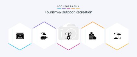 Ilustración de Turismo y Recreación al aire libre 25 Paquete de iconos de glifos incluyendo hamaca. hotel. temperatura. bolso de mano. Equipaje - Imagen libre de derechos