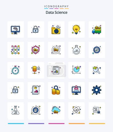 Téléchargez les illustrations : Creative Data Science 25 Line FIlled icon pack  Such As big data. light. data. lamp. secure - en licence libre de droit