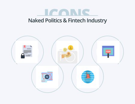 Illustration for Naked Politics And Fintech Industry Flat Icon Pack 5 Icon Design. dollar. fintech industry. cryptocurrency. internet. digital - Royalty Free Image
