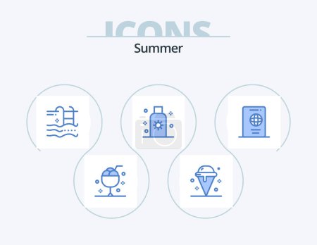 Téléchargez les illustrations : Été Icône bleue Pack 5 Icône Design. l'été. lotion. l'été. l'eau. été - en licence libre de droit