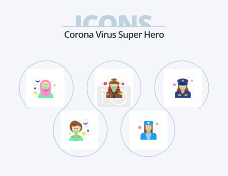 Ilustración de Corona Virus Super Hero Flat Icon Pack 5 Icon Design. militar. defensa. Mujer. Ejército. muslim - Imagen libre de derechos