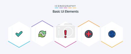 Illustration for Basic Ui Elements 25 FilledLine icon pack including globe. medical. alert. hospital. plus - Royalty Free Image