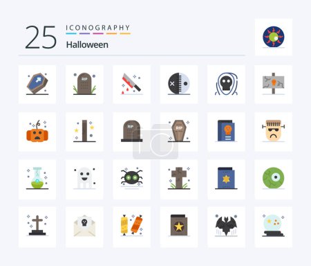 Téléchargez les illustrations : Halloween 25 Flat Color icon pack including halloween. costume. grave. murder. horror - en licence libre de droit