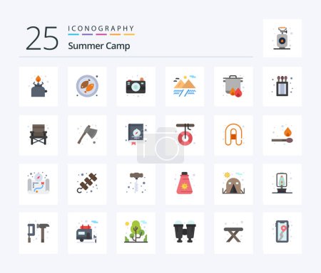 Téléchargez les illustrations : Summer Camp 25 Flat Color icon pack including cooking. camping. camera. boil. cloud - en licence libre de droit
